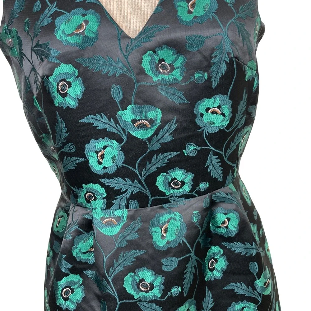 J‎ Crew Dress Floral Jacquard Sleeveless V Neck Black Green Size 2